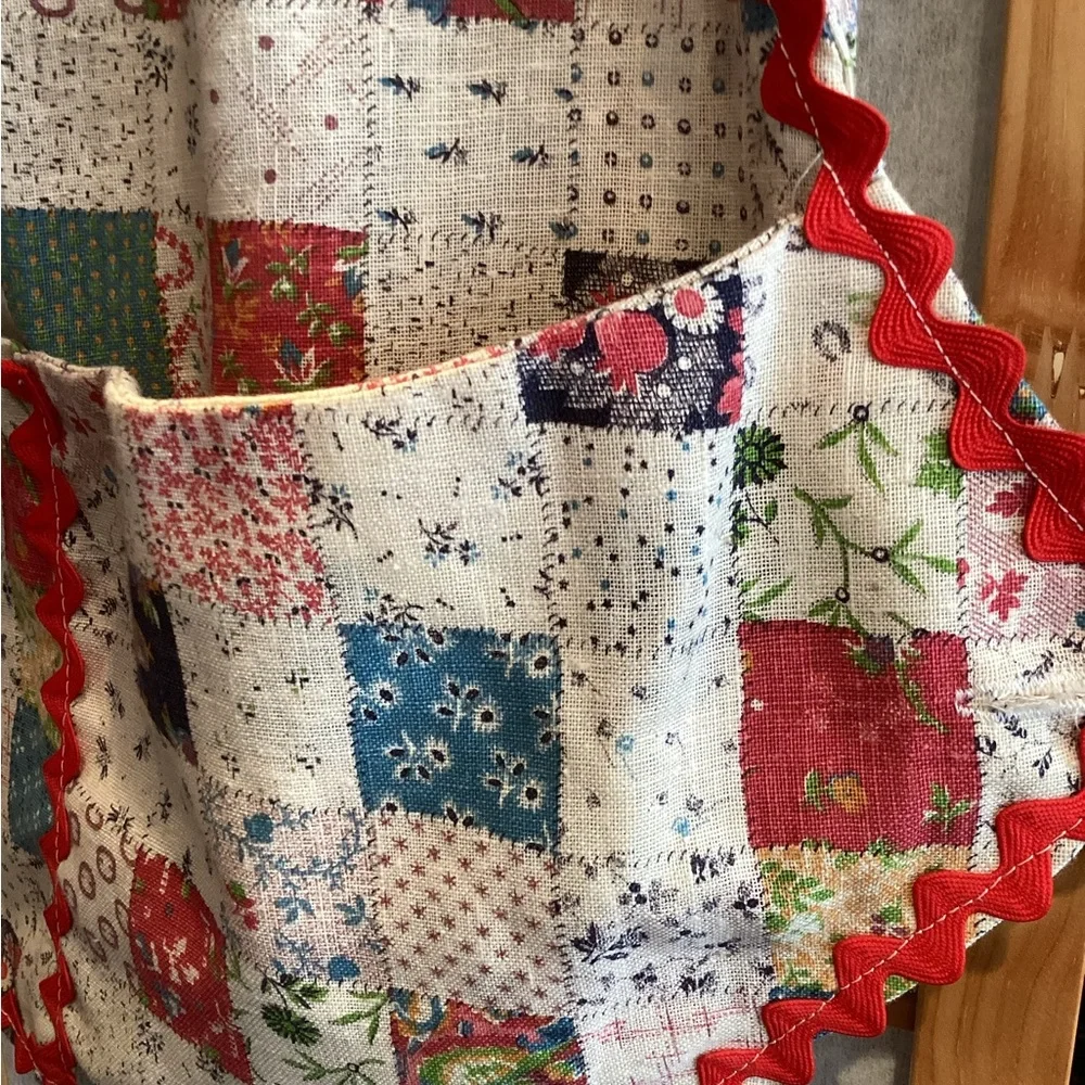 Vintage Handmade Patchwork Half Apron with Red Trim